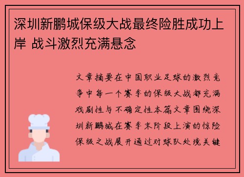 深圳新鹏城保级大战最终险胜成功上岸 战斗激烈充满悬念